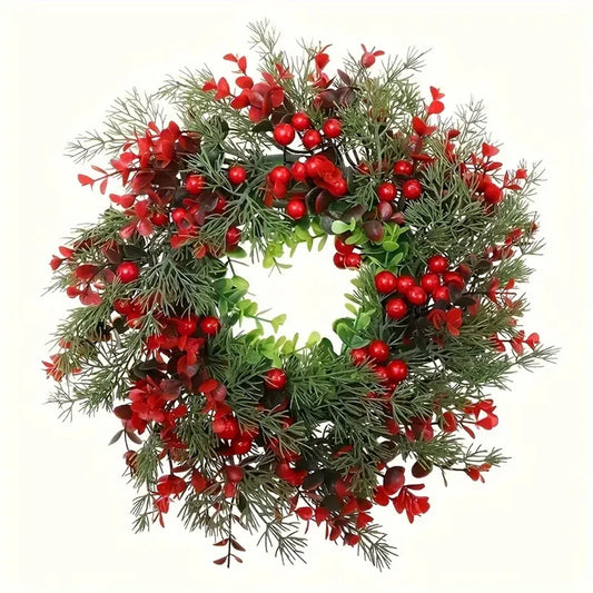 1Pc, Charming 13.8in Christmas Wreath with Red Eucalyptus Berries - Perfect for Front Door, Fireplace Mantle & Window Decor