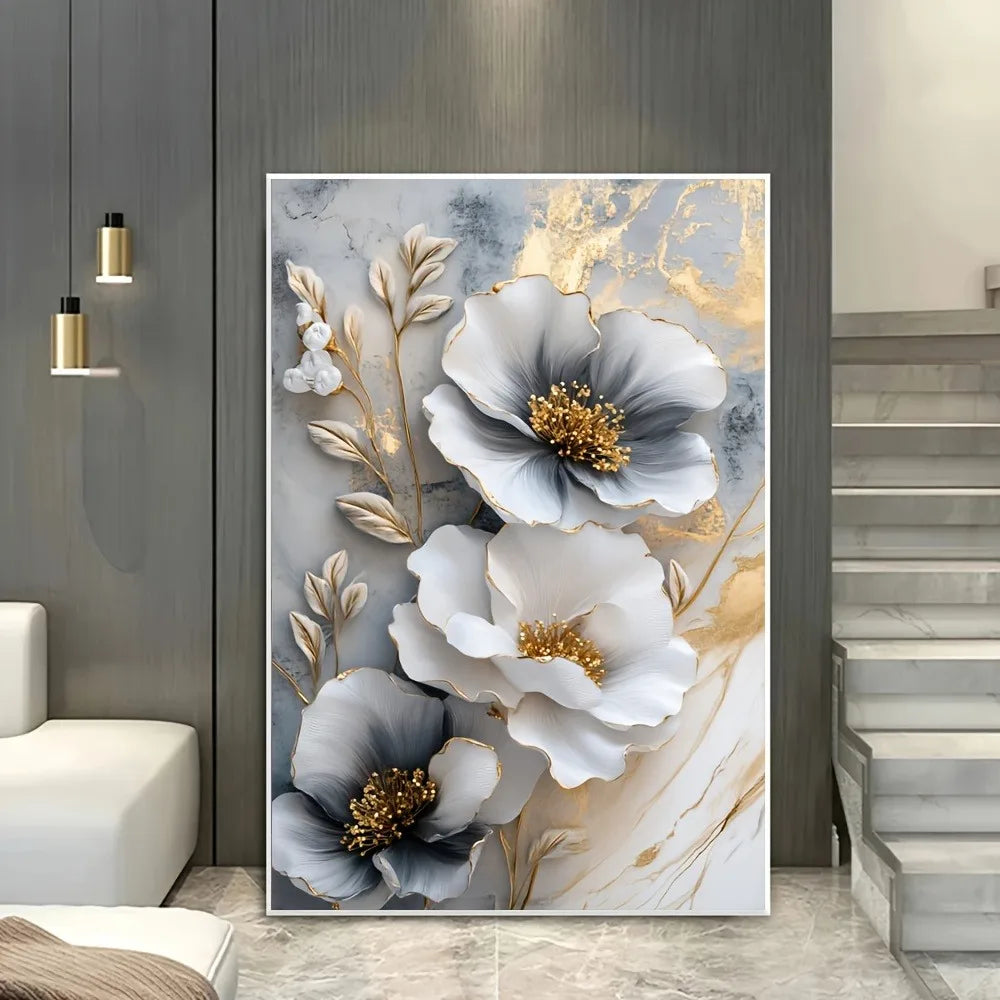 Modern Luxury Floral Canvas Mural Framed 3D Painting for Bedroom and Living Room
