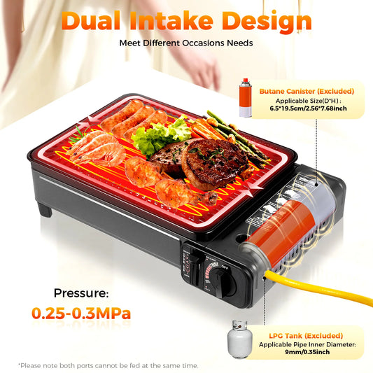 Portable Butane Gas Grill Dual Inlets Adjustable Firepower