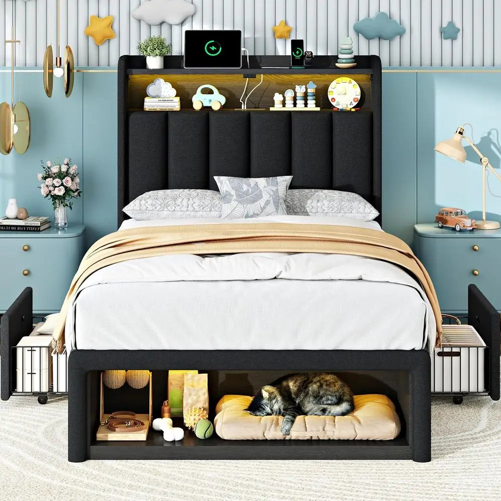 Twin Bed Frame With LED Lights And Charging Station Upholstered Storage Bed