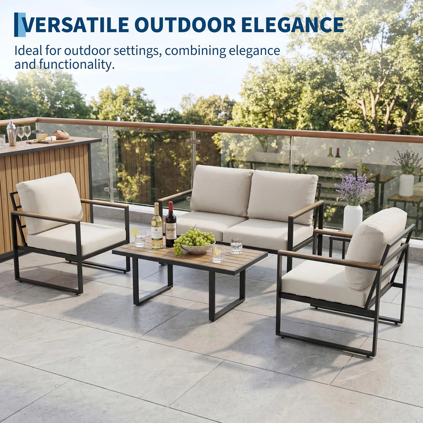 Modern 4 Piece Patio Furniture Set With Conversation Sofa And Coffee Table