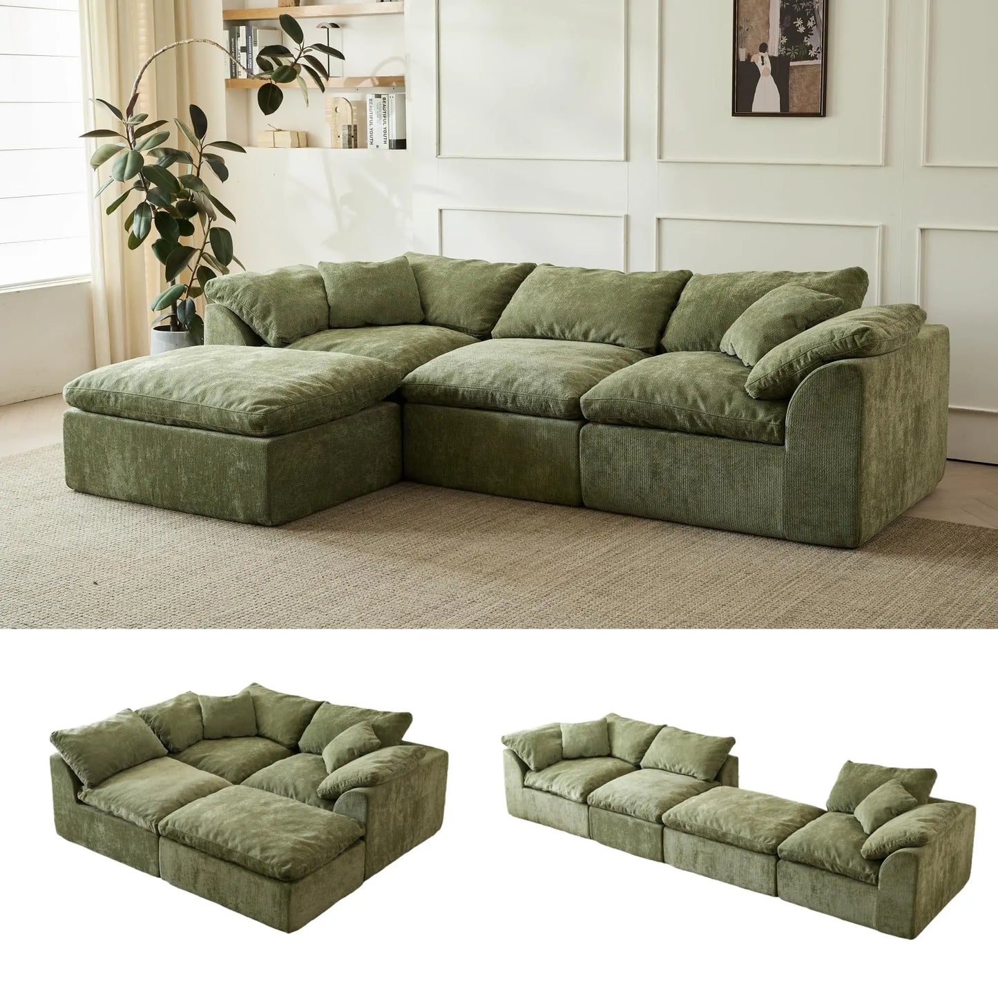 Modern Cloud L Shaped Modular 3 Seater Chenille Fabric Sofa With Ottoman Green