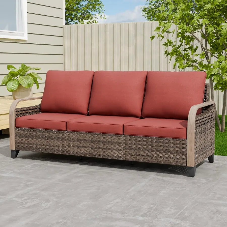 3 Seat Wicker Outdoor Patio Sofa Loveseat Brown And Red Rattan