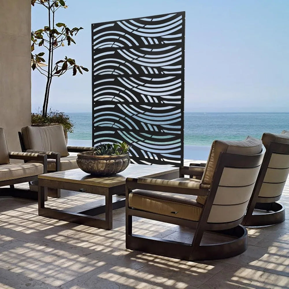 Outdoor Metal Privacy Screen Fence Freestanding Privacy Panels Decorative Divider for Porch Balcony Lawn Garden (Black)