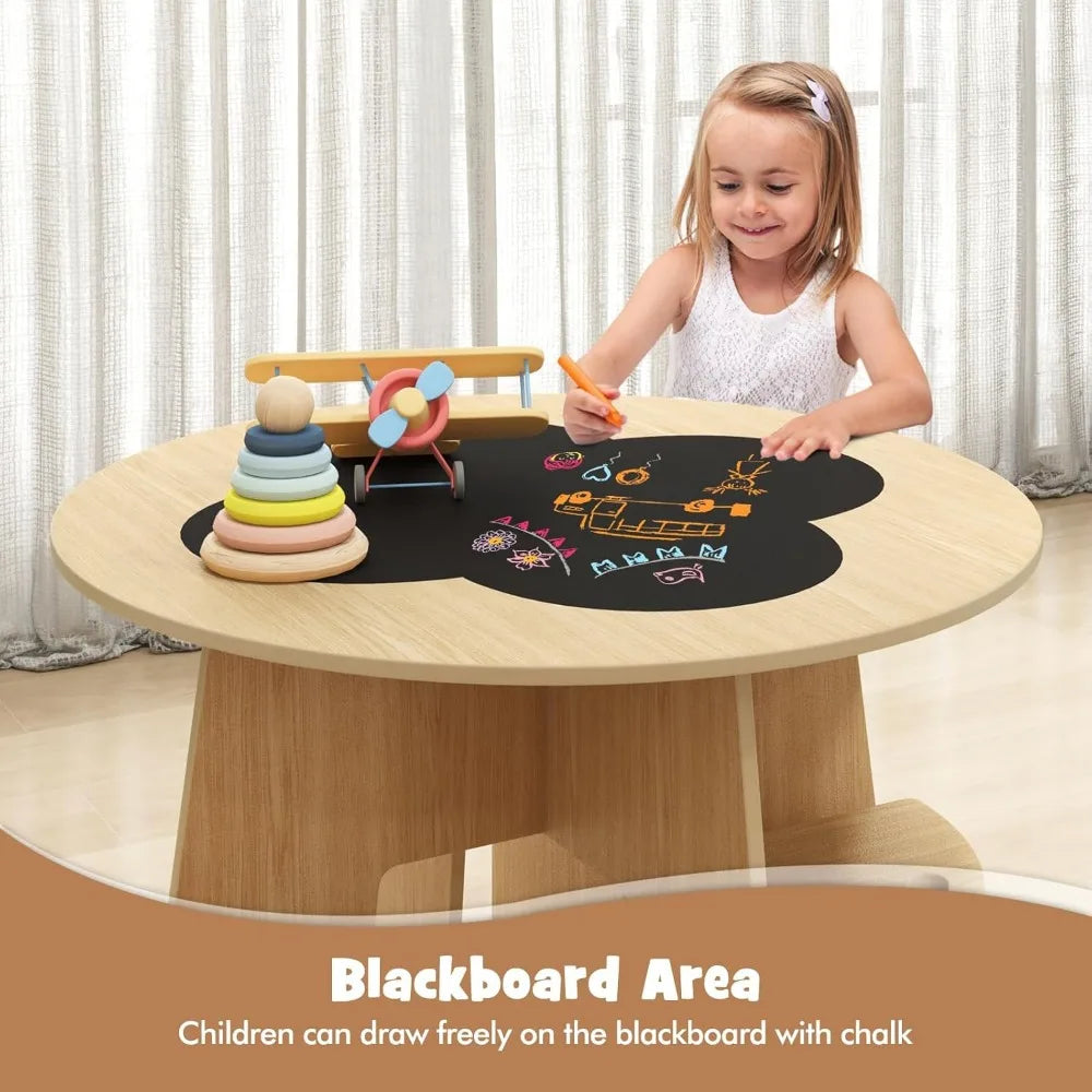 Toddler Table and Chair Set with 4 Storage Stools, Wooden Flower Shaped Nesting Table with Blackboard Drawers,