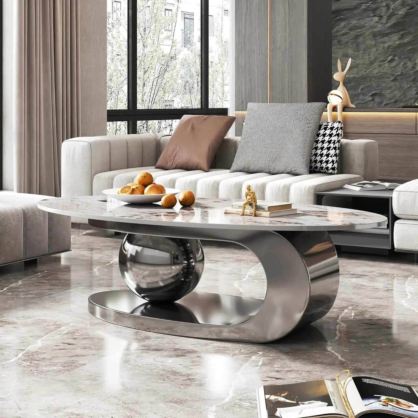 Modern Oval Coffee Table With Stainless Steel Pedestal And Faux Marble Top