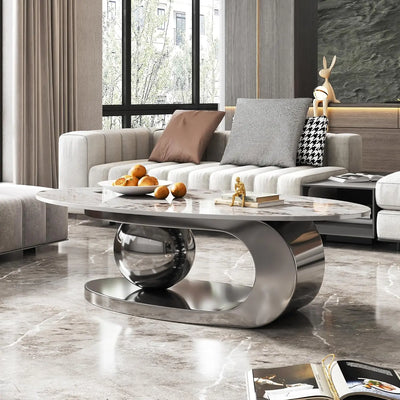 Modern Oval Coffee Table With Stainless Steel Pedestal And Faux Marble Top