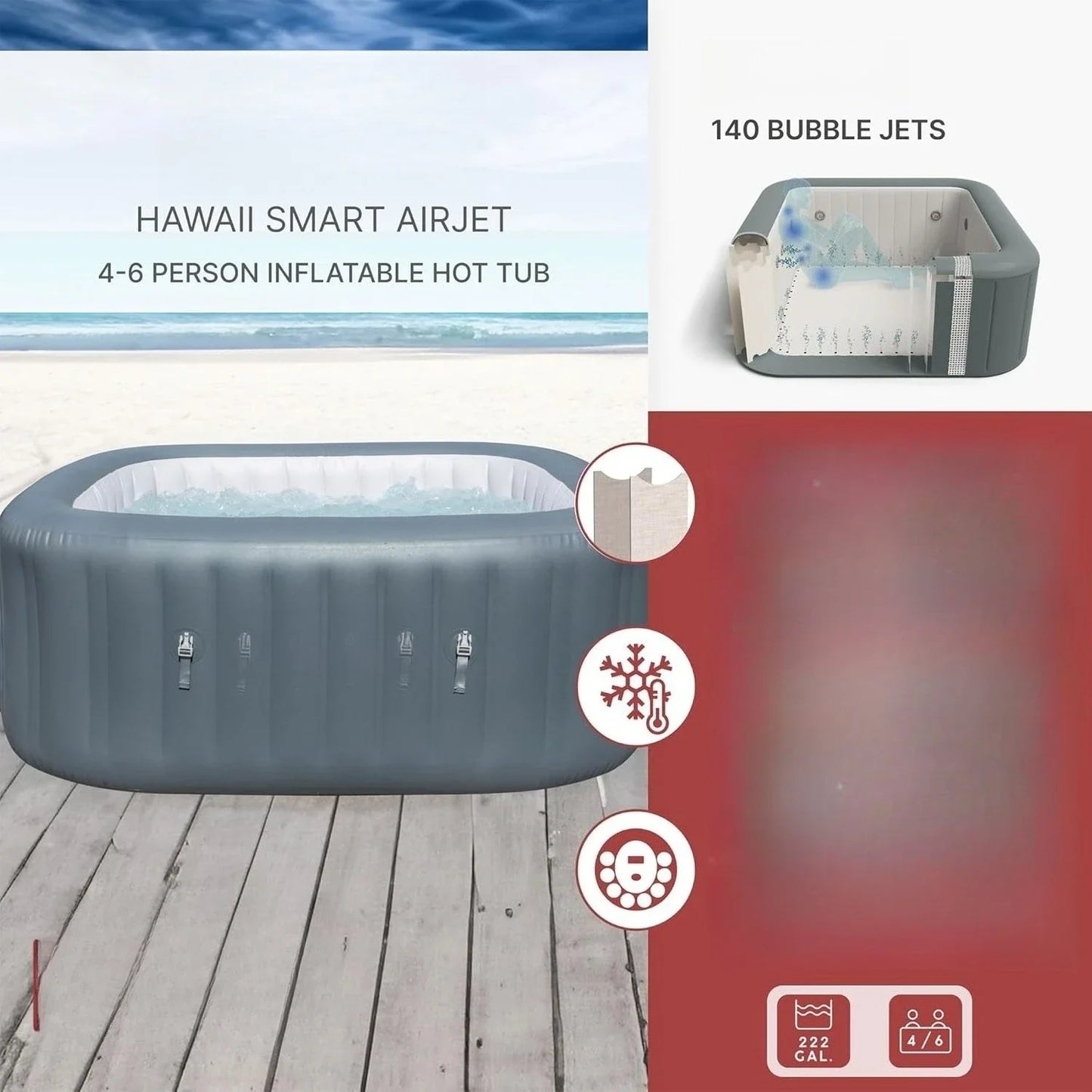 SaluSpa AirJet 4 to 6 Person Inflatable Hot Tub Gray