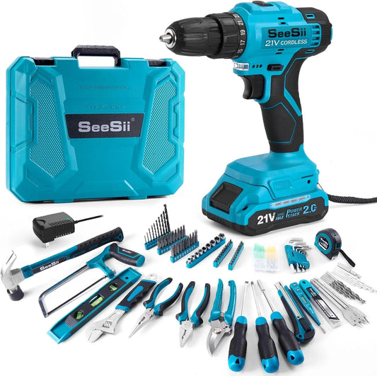 Seesii Tool Kit with Drill 25+1 Torque adjustment Cordless Electric Drill 230PCS Tool Kit for Home Repair Woodworking Gardening