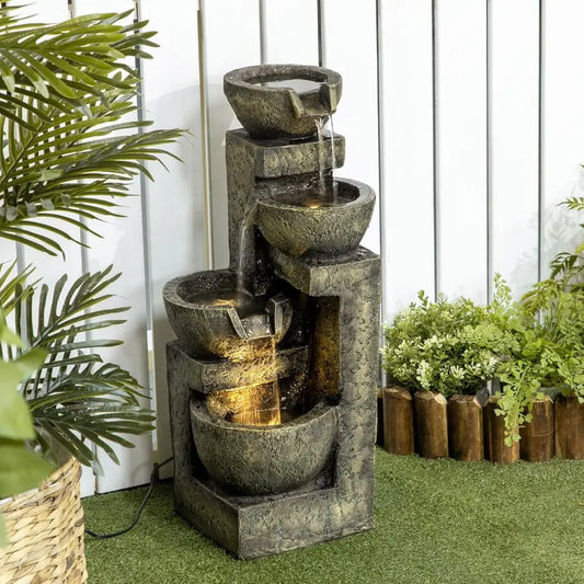 4-Tier Stone Bowl Waterfall with Cascading Water, Adjustable Flow & LED Lights, Ideal for Zen Gardens and Outdoor Spaces in Gray