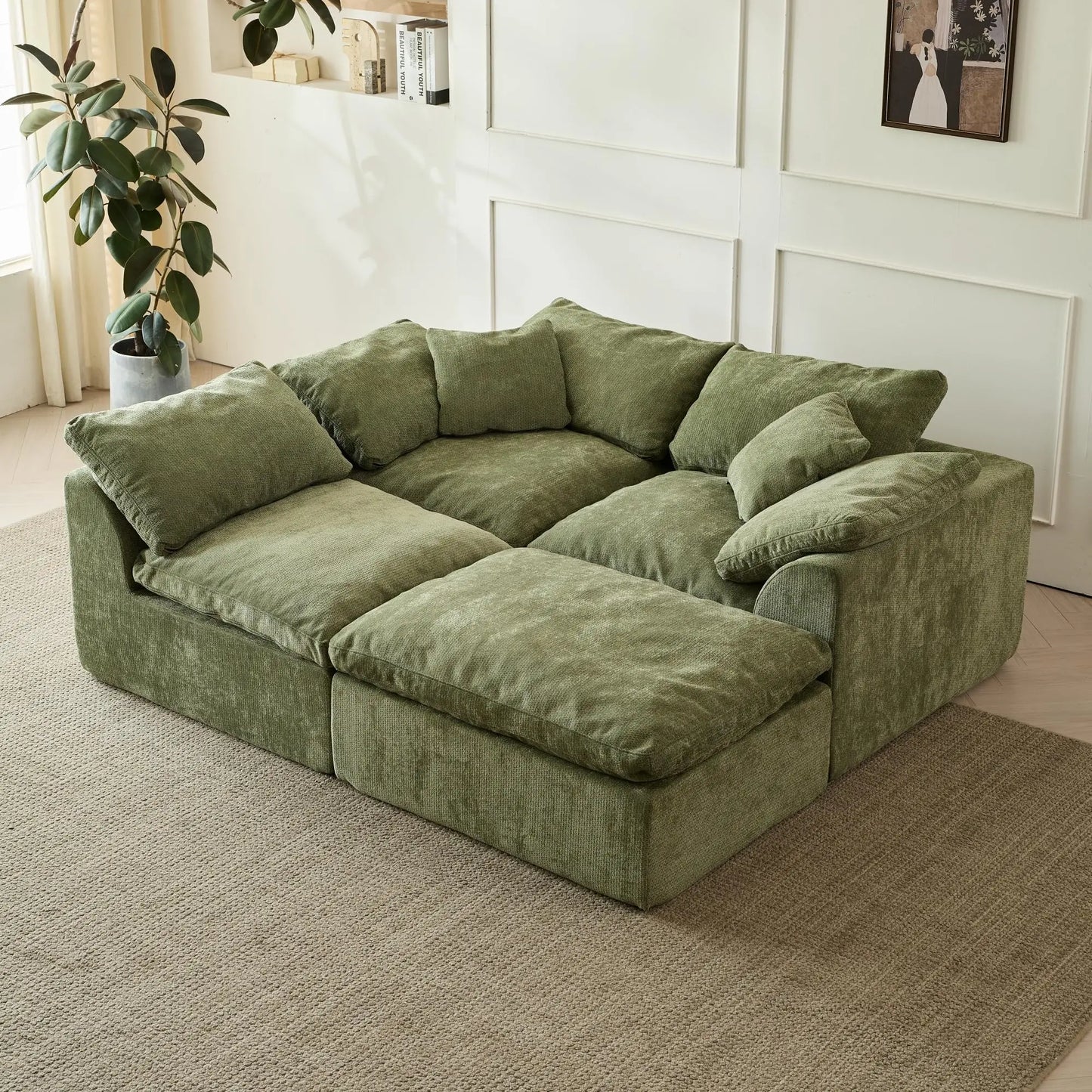 109 Inch Modern Cloud L Shaped Oversized Deep Seat Chenille Green Modular Sofa