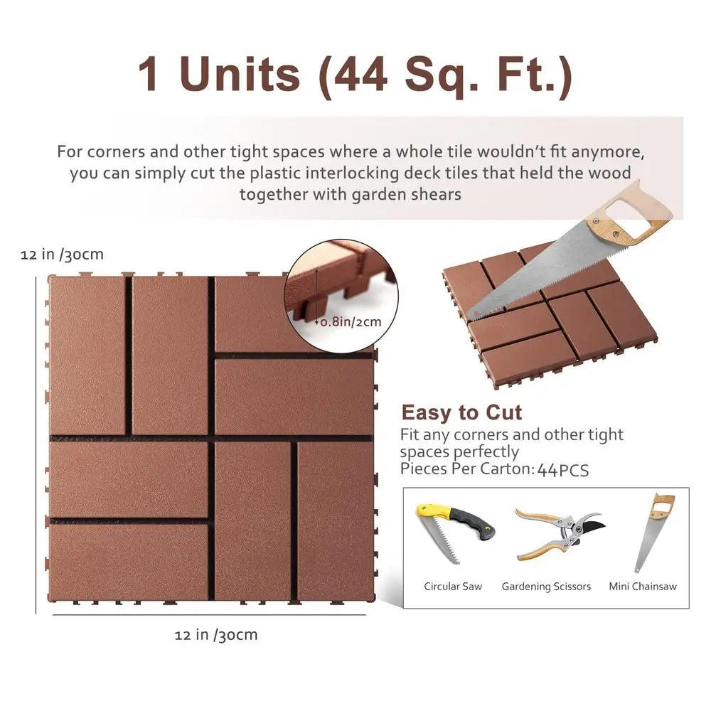 Interlocking Deck Tiles, Patio Deck Tiles, 44 Pack Deck Tiles Interlocking Outdoor All Weather, 12"x12", 8 Slat, 44 Sq. t, Highl