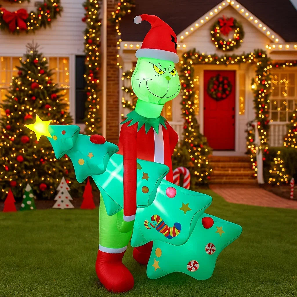 2.4M 8FT Christmas Inflatable Wall-Climbing Elderly Figure Seated Gift Hat Christmas Tree Decoration Outdoor Garden Ornament