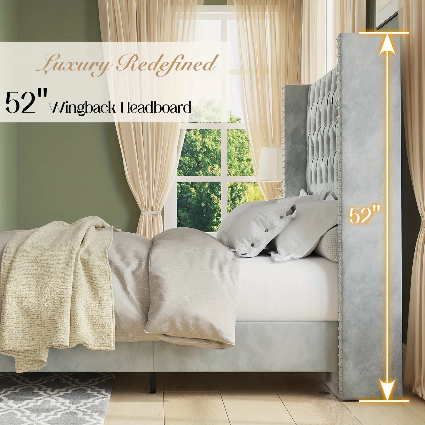 Papajet Velvet Bed Frame With 51.6 Inch Wingback Headboard Nailhead Detailing