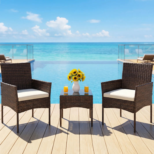 JHK Large Size 3 Pieces Outdoor Patio Furniture Set All-Weather Wicker Bistro Set with Removable Cushions and Glass Table Garden