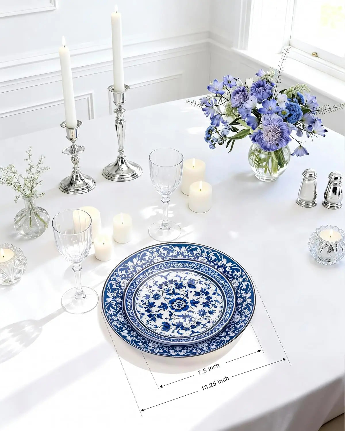 60 Piece Blue Floral Plastic Plates Set 10.25 Inch Dinner 7.5 Inch Dessert