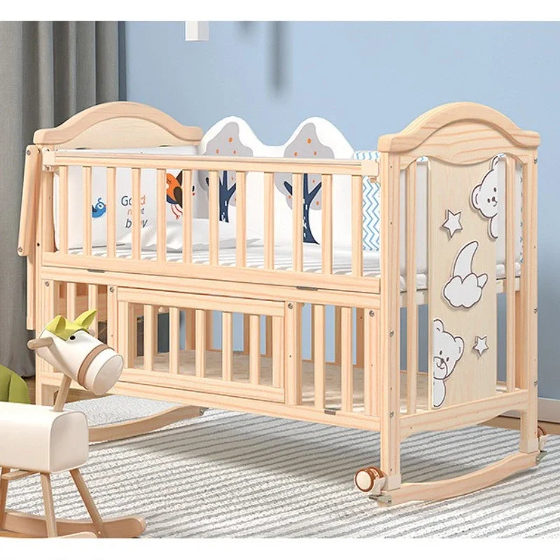 Movable Solid Wood Baby Crib With Mosquito Net And Universal Wheels Rocking Bed