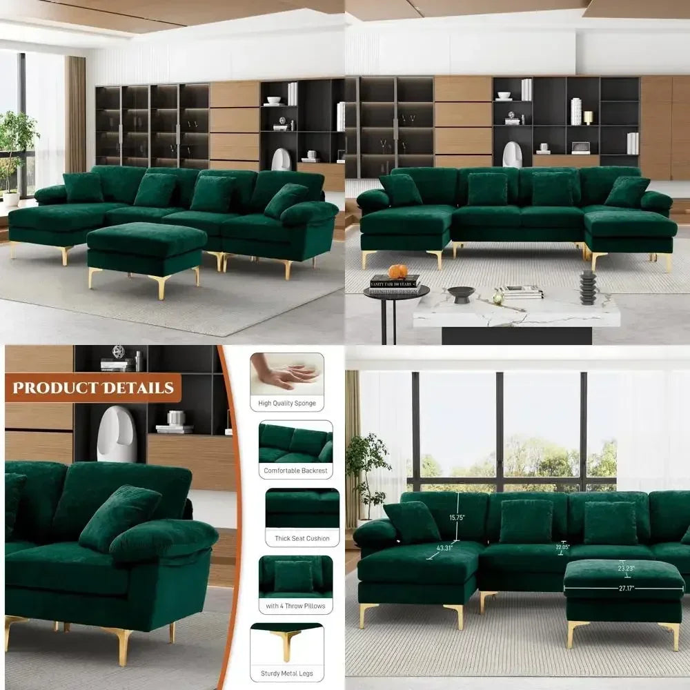 "4-seat u-shaped velvet sofa set with chaise and ottoman for living room"