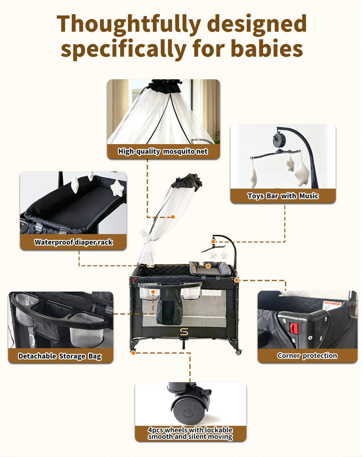Steanny Pack n Play, All-in-one Playard with Bassinet,Pack and Play,Bedside Sleeper Fodble Travel Cribs with 4Wheels, Changeing Table,Mosquito Net,Toys Bars with Music, Unisex Playpen Combo Bassinet