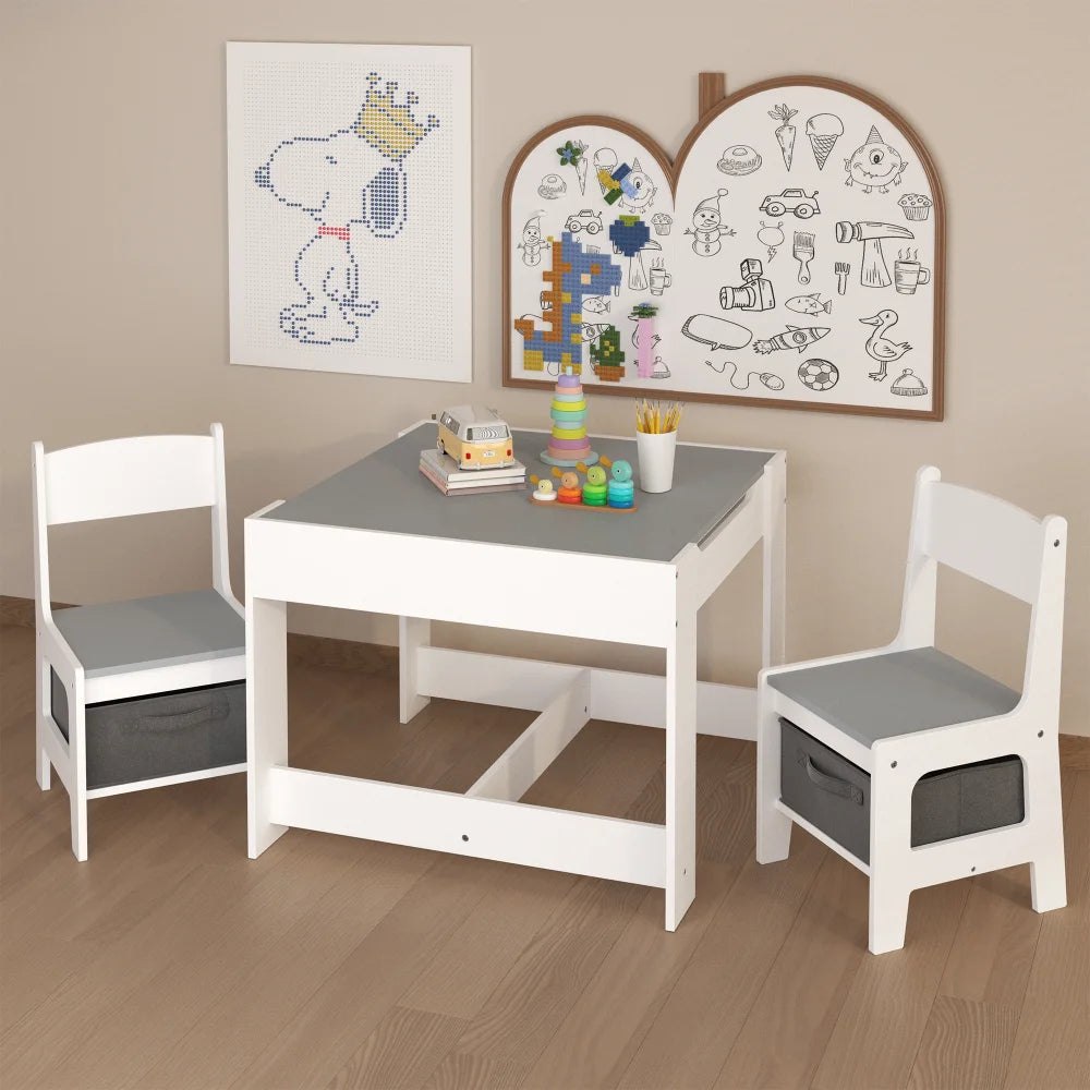 Kids Table and Chair Set, 3 in 1 Wooden Activity Table with Storage Drawer for Toddlers Drawing, Reading, Crafts, 2 in 1