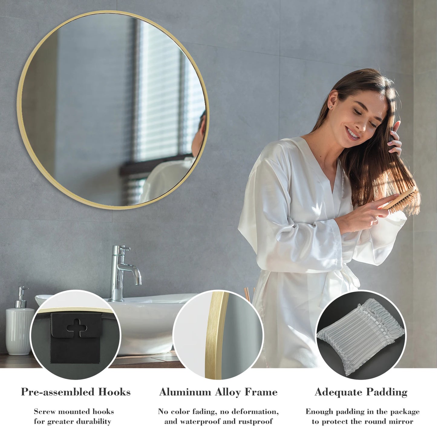 Jhk Matte Gold Round Wall Mirror 30 Inch Modern Tempered Glass
