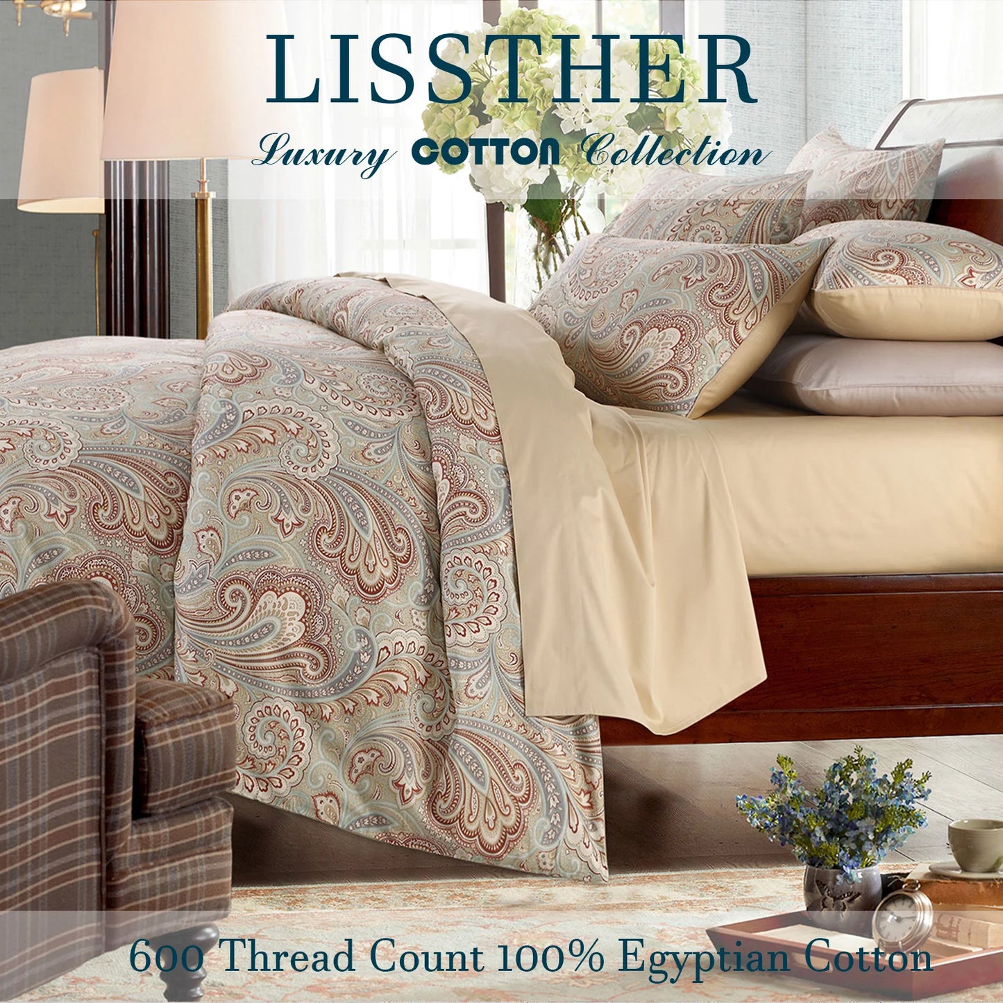 Three Piece 600TC Duvet Cover Set 100 Percent Egyptian Cotton Boho Paisley
