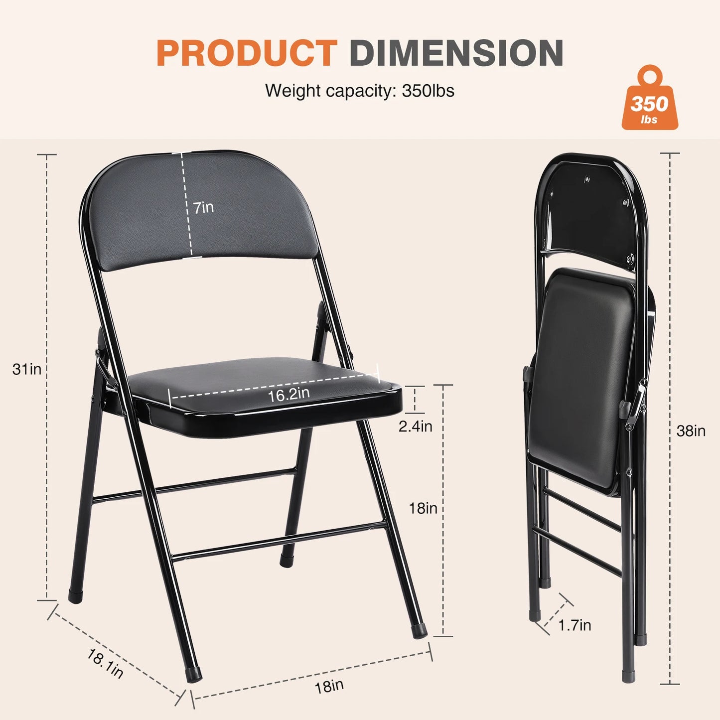 JHK Faux Leather Padded Folding Chairs 4 Pack Sturdy Metal Frame For Home Office
