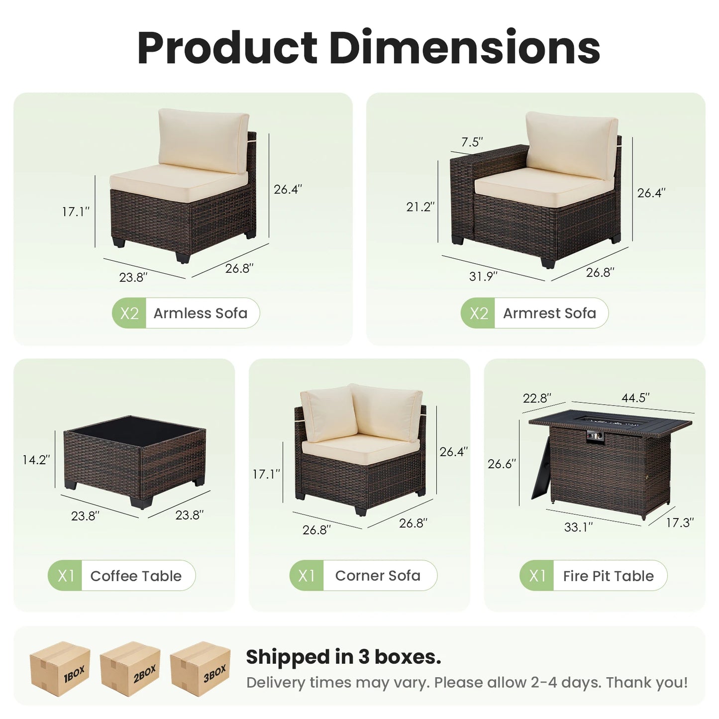 7 Piece Patio Sectional Furniture Set With 44 Inch Fire Pit Table Garden Rattan