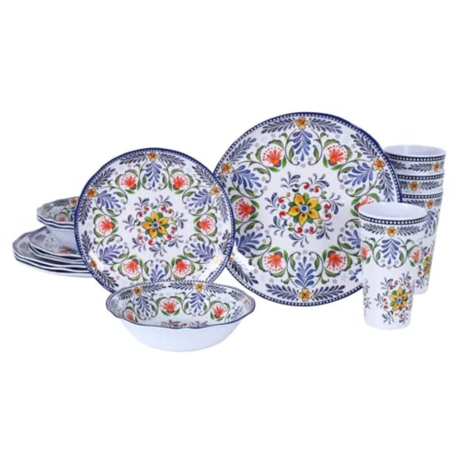 Melamine Dinnerware Set For 4 To 16 Pcs Camping Unbreakable Plates Bowls Cups