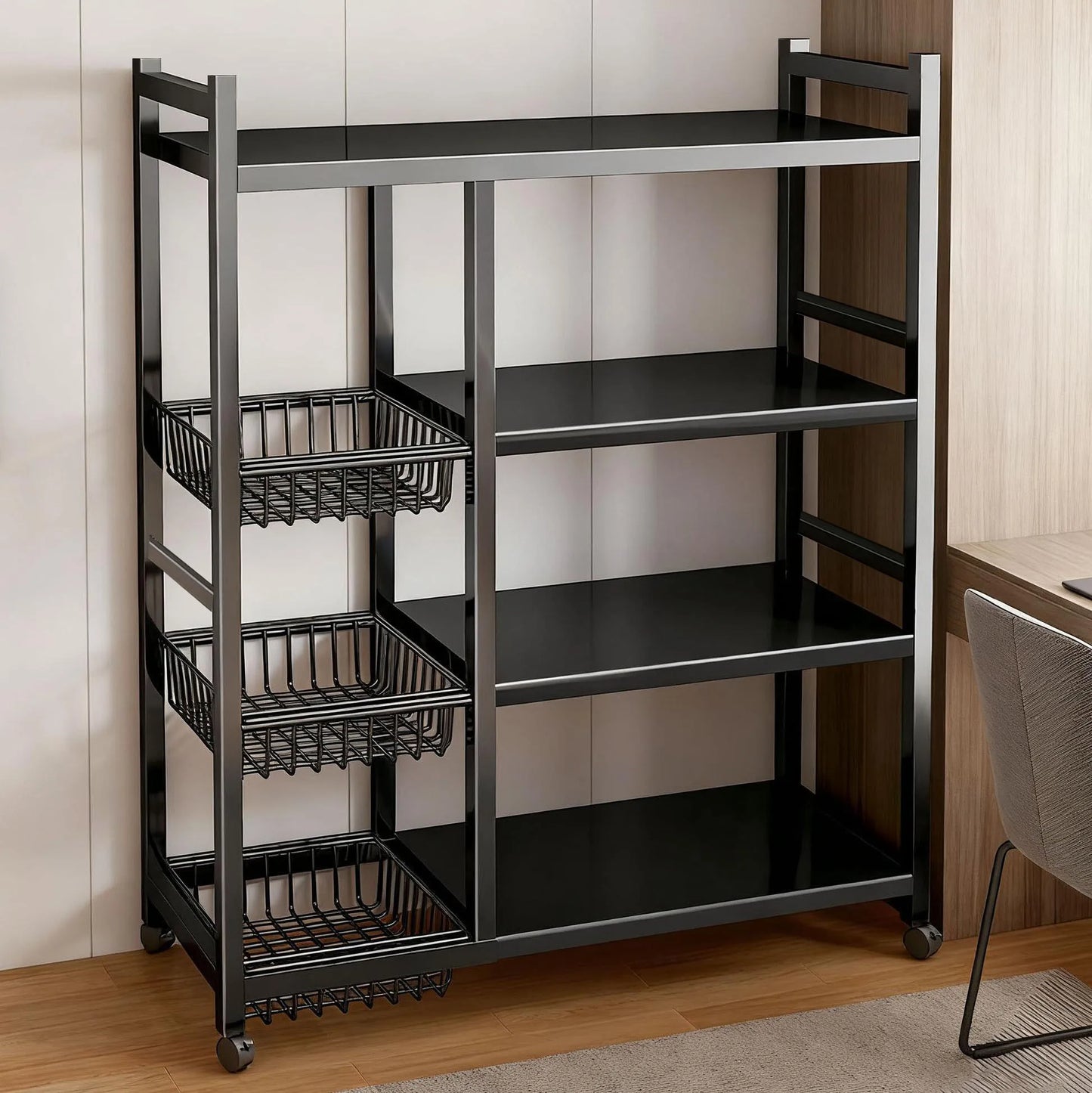 Movable Storage Rack Four Tier Metal Kitchen Shelving With 3 Wire Baskets Wheeled