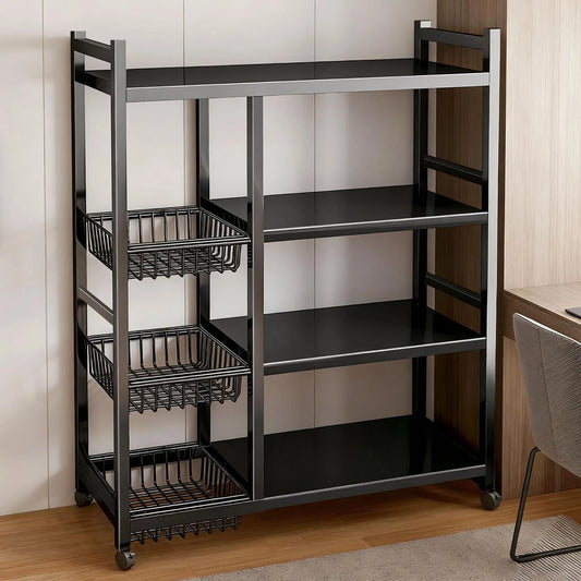 Movable Storage Rack Four Tier Metal Kitchen Shelving With 3 Wire Baskets Wheeled