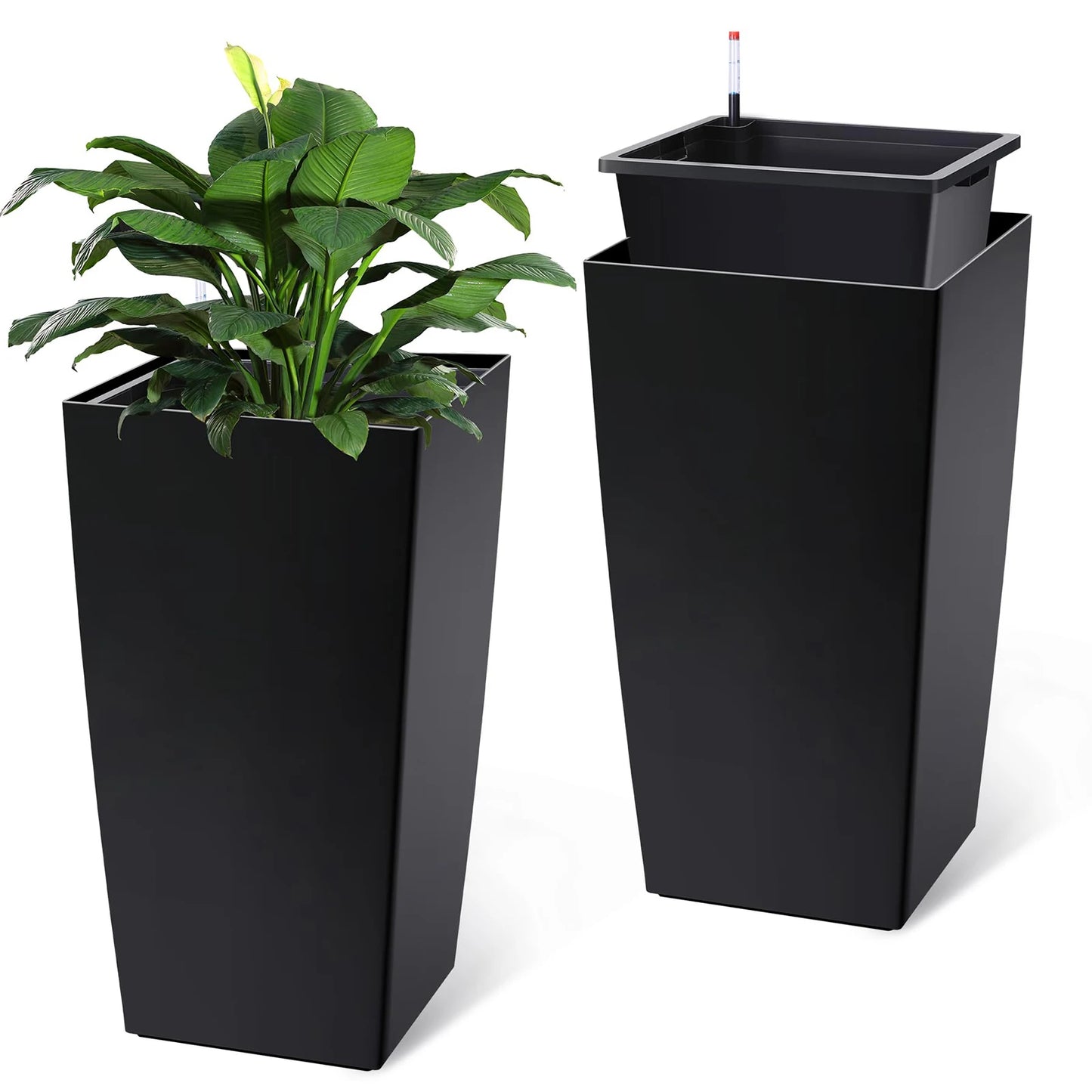 Set Of 2 30in Tall Planters For Indoor Outdoor, Self Watering Large Flower Pots With Drainage, Water Level Monitor, Insert & Wheels