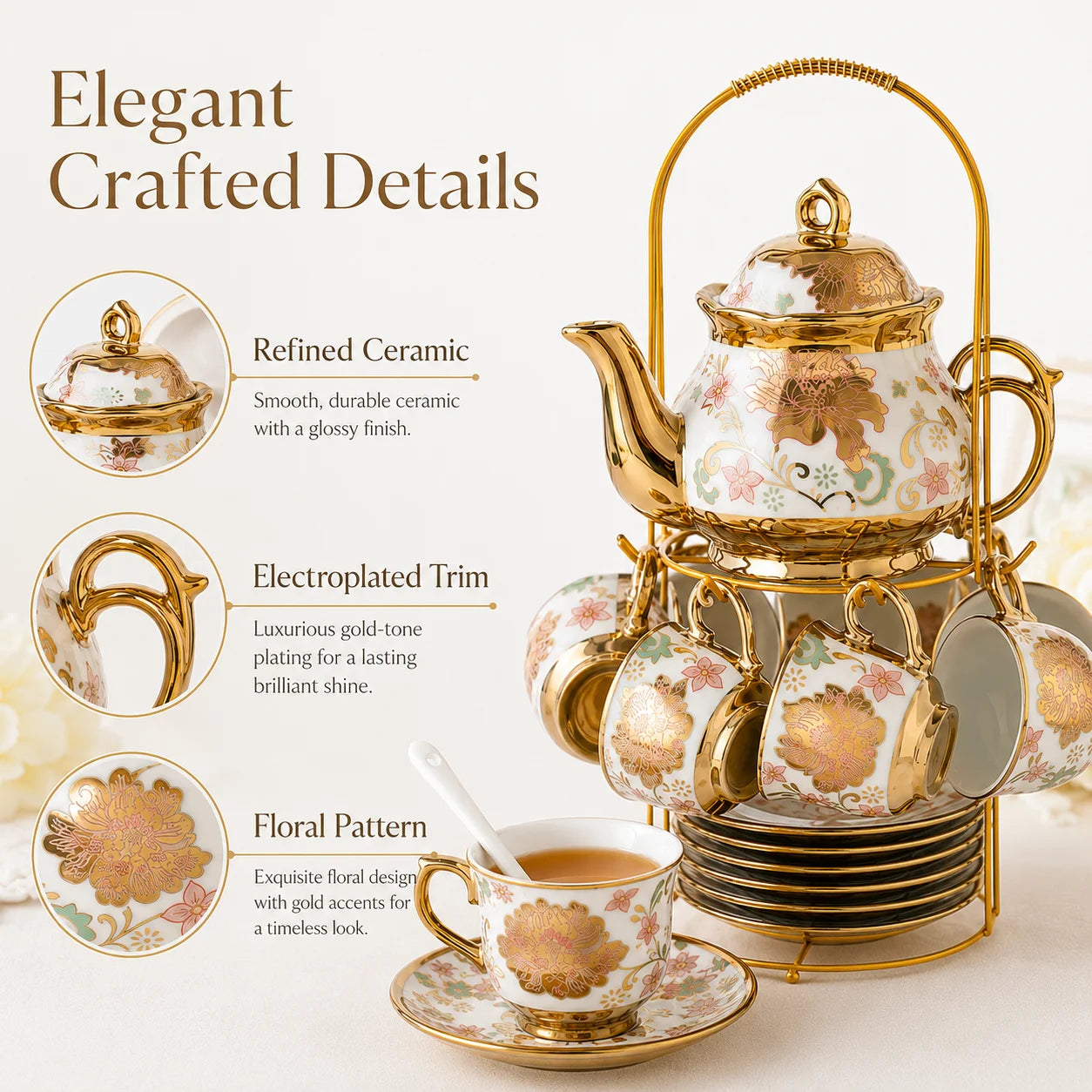 20PCS Ceramic Tea Set with Teapot Espresso Cups Saucers Spoons Display Rack Floral Gold Coffee Service Gift for Wedding Home