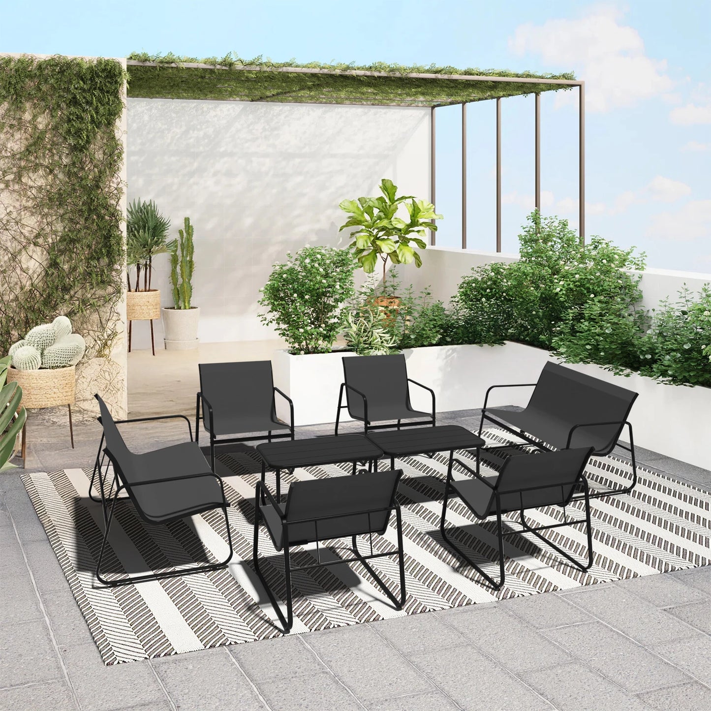 Outdoor Patio Furniture Set 8-Piece, Weather-Resistant Textilene Metal Conversation Set with Loveseat, Chairs & 2 Side Tables, All-Weather Frame for Backyard Porch Deck Garden Poolside