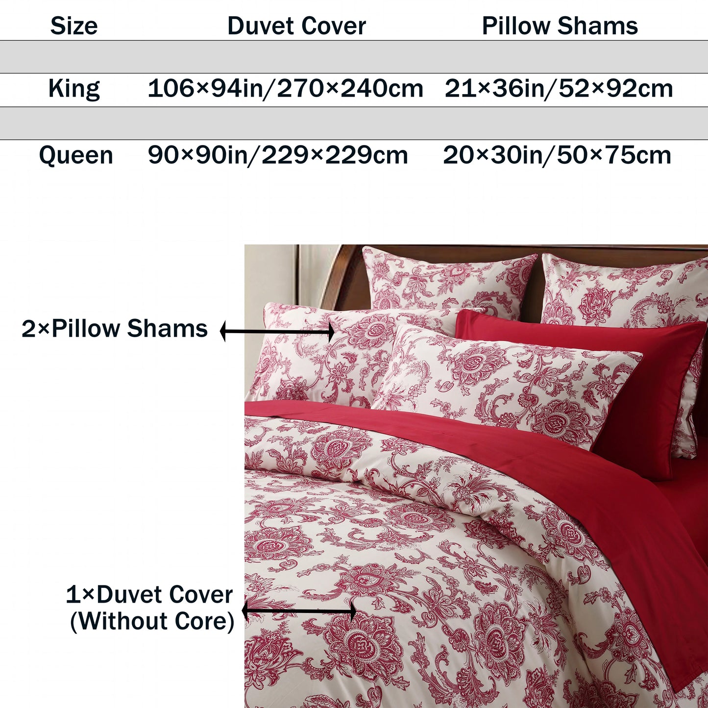 3Pc 600TC 100 Percent Egyptian Cotton Duvet Cover Set Vintage Red Floral Moire
