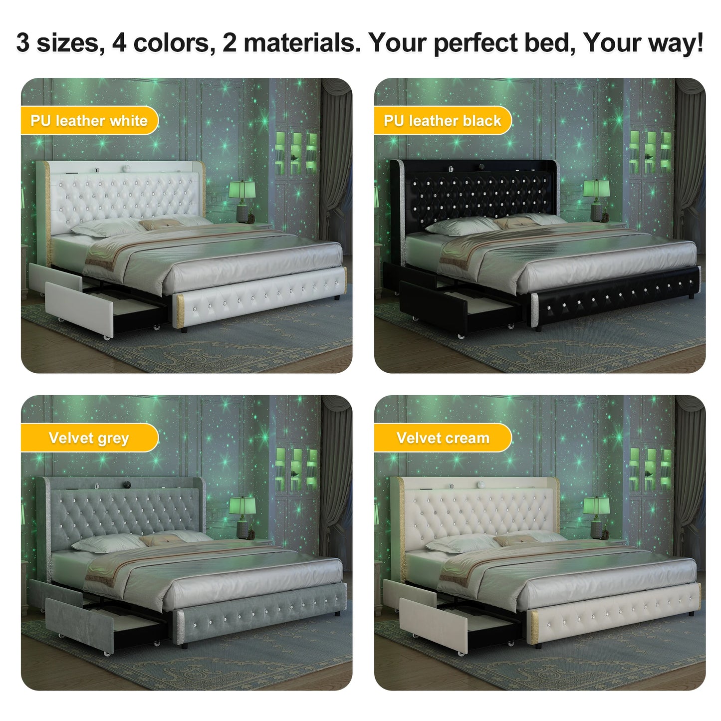 GEGOFORU Queen LED Bed Frame Galaxy Projector USB Ports 4 Drawers