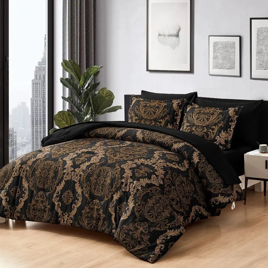 Black King Size Comforter Set Gold Damask Microfiber Bed in a Bag 7 Pieces