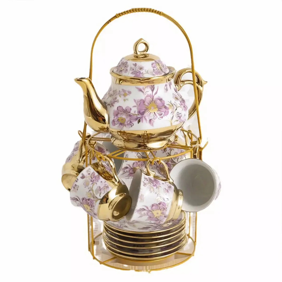 20PCS Ceramic Tea Set with Teapot Espresso Cups Saucers Spoons Display Rack Floral Gold Coffee Service Gift for Wedding Home