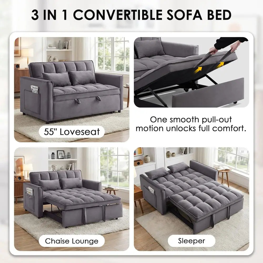 One In One Convertible Sleeper Sofa Bed Modern Loveseat With Adjustable Backrest