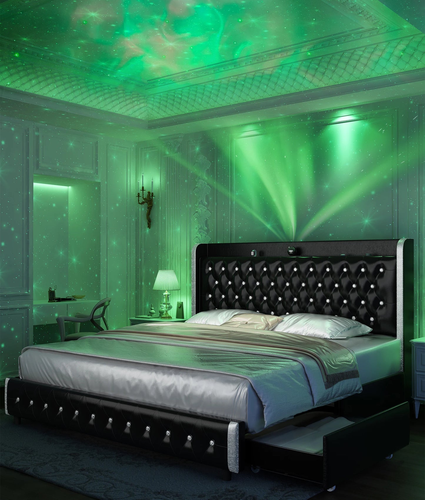 GEGOFORU Queen LED Bed Frame Galaxy Projector USB Ports 4 Drawers
