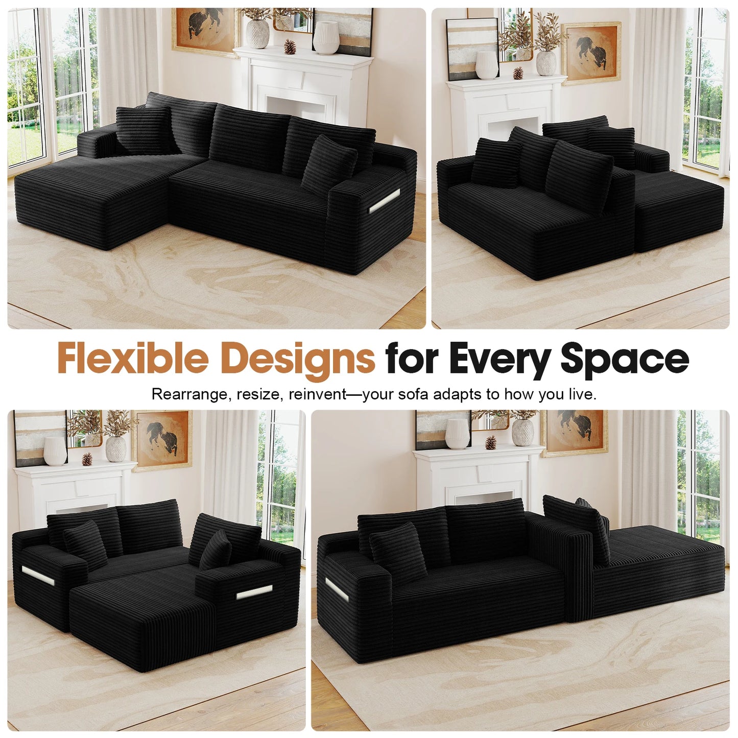 Modern Black Corduroy Modular Sectional Sofa With Deep L Shaped Chaise