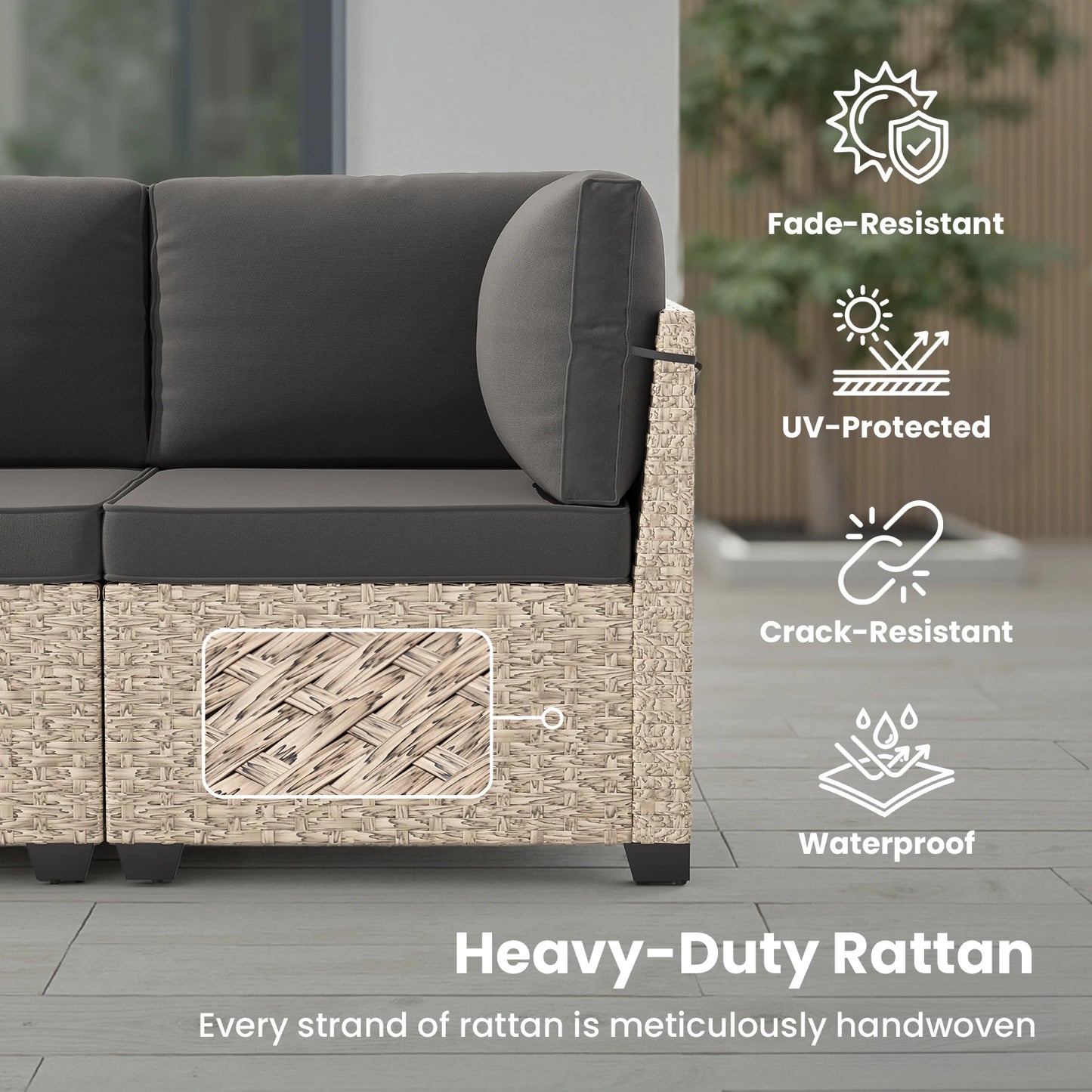 7 Piece All Weather Outdoor Rattan Patio Sofa Set With Tempered Glass Table