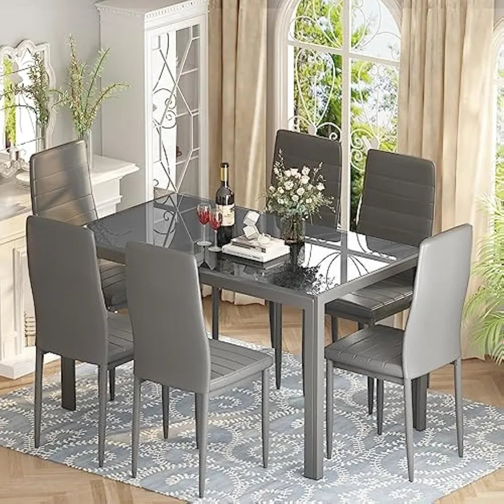 7 Piece Set Tempered Glass Table PU Leather Chairs Grey