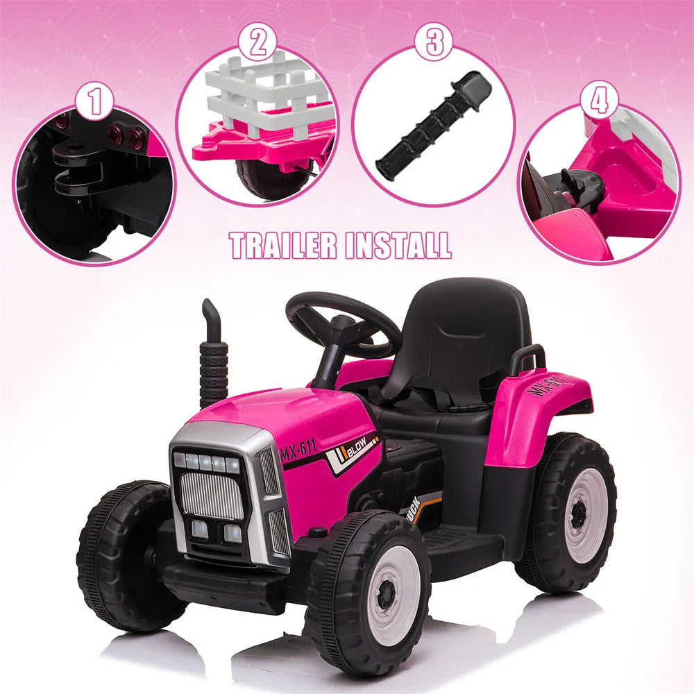 12V Kids Electric Ride On Tractor With Trailer Remote Control For Ages 3 To 8