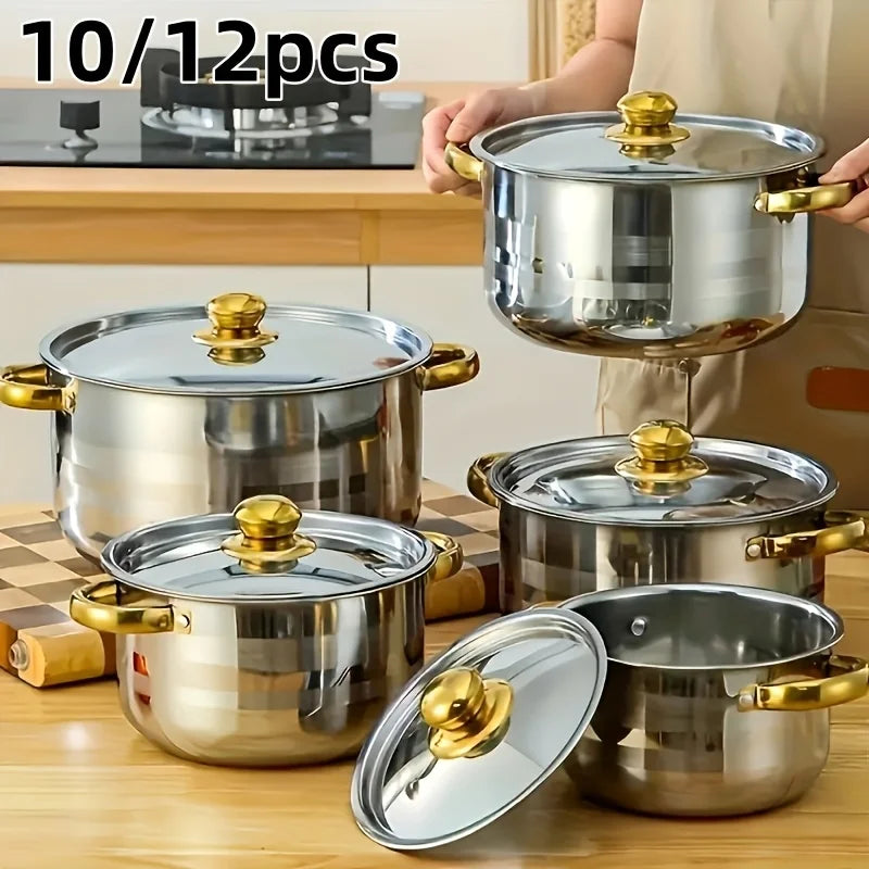 Stainless Steel Cookware Set 12 Piece Nonstick Fry Pan Stockpot Milk Pot Lid