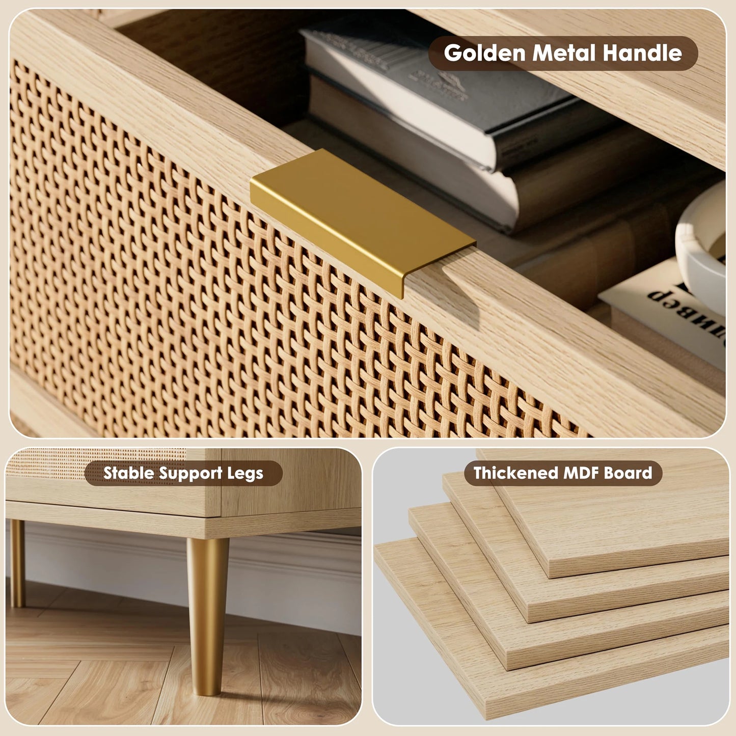 6 Drawer Rattan Dresser Natural Handwoven Rattan Wood For Bedroom Living Room