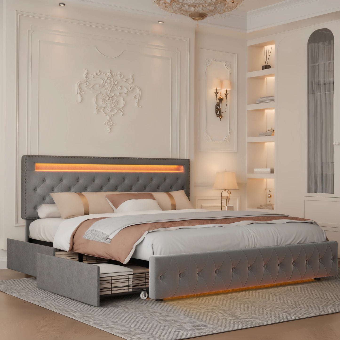 GEGOFORU Full Size LED Bed Frame Storage Drawers RGBW Lights PU Velvet