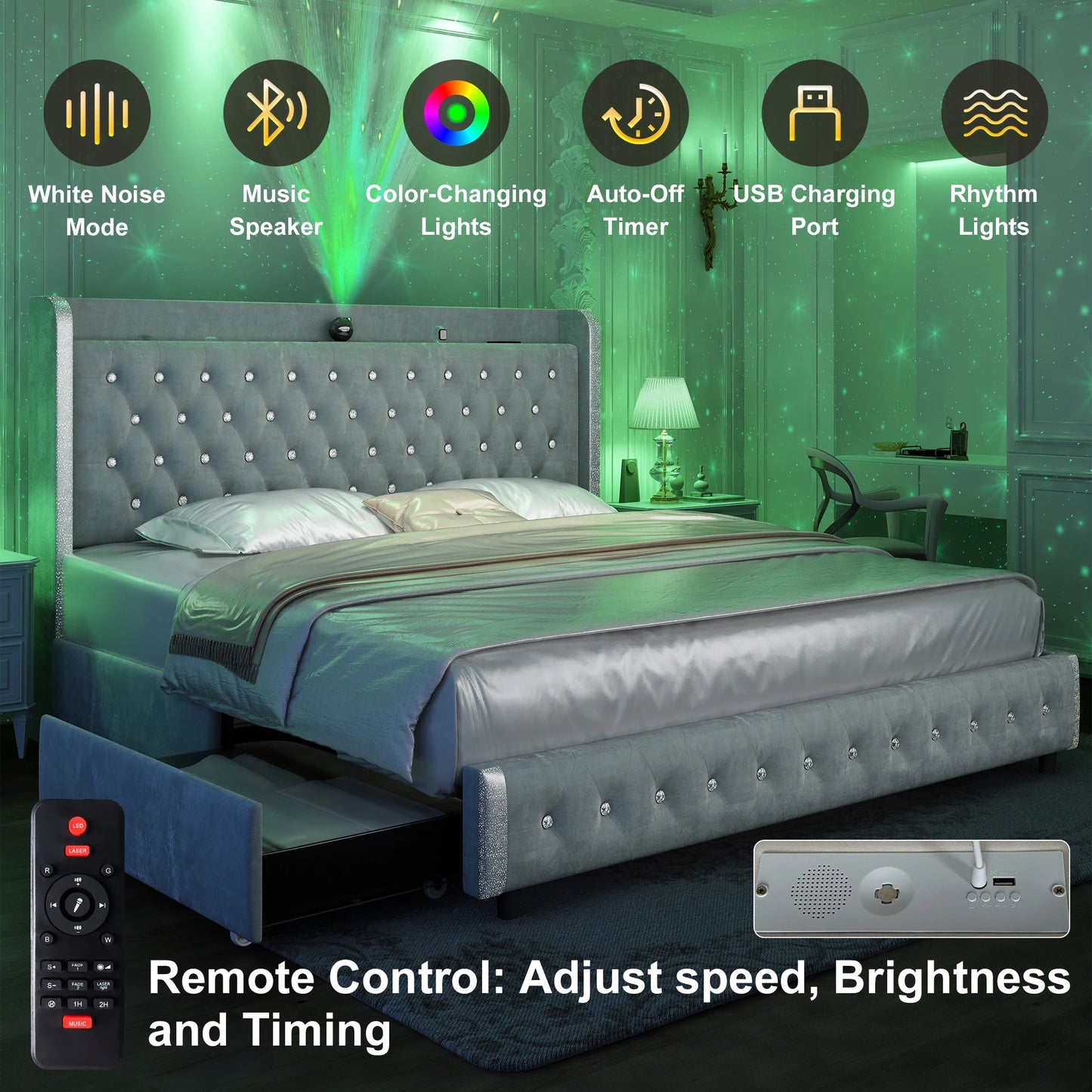 GEGOFORU Queen LED Bed Frame Galaxy Projector USB Ports 4 Drawers