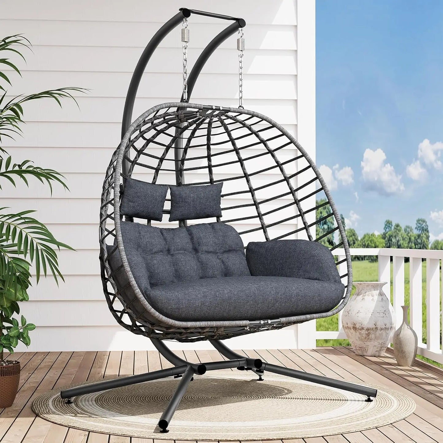 Double Egg Swing Chair With Stand Outdoor Patio 2 Person Wicker Hammock Cushions