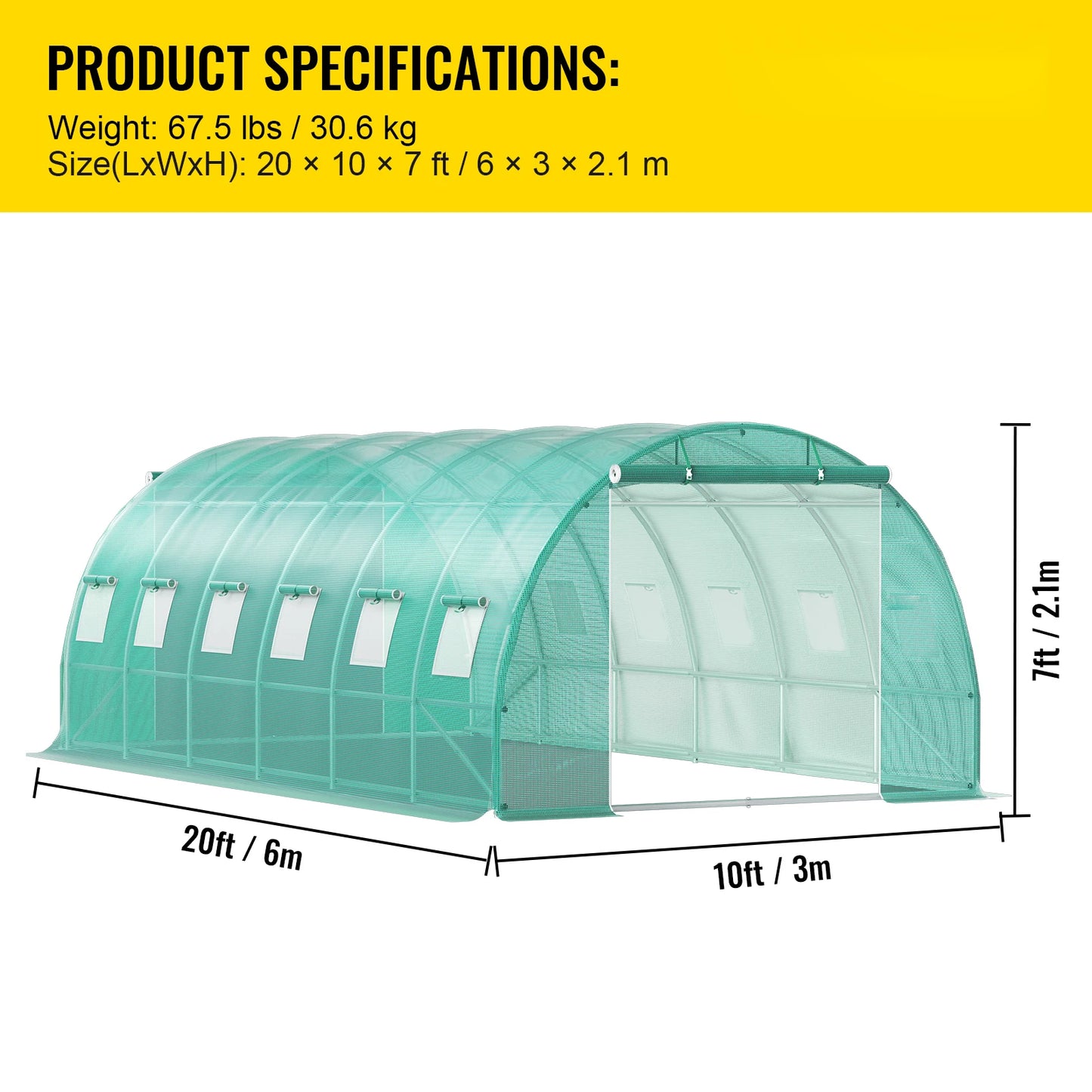 VEVOR Walk-in Tunnel Greenhouse Galvanized Frame & Waterproof Cover 10x7x7/12x7x7/15x7x7/20x10x7 ft Greenhouses & Cold Frames